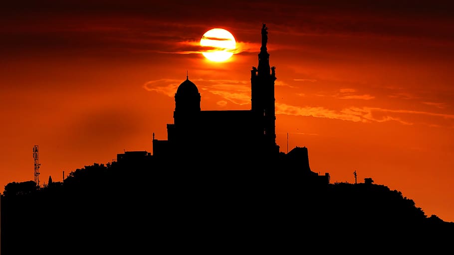 sunrise, architecture, cathedral, marseille, city, buildings