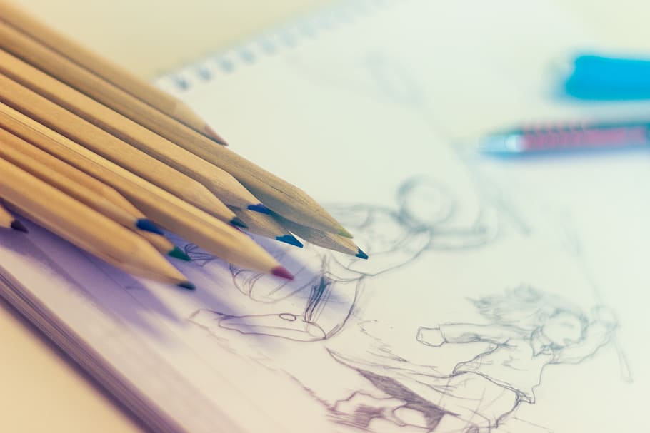 Used Pen Lot on Paper, art, blur, close-up, color, colors, coloured pencils