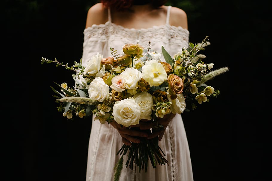 bouquet, flower, bunch, bundle, wedding, people, girl, white HD wallpaper