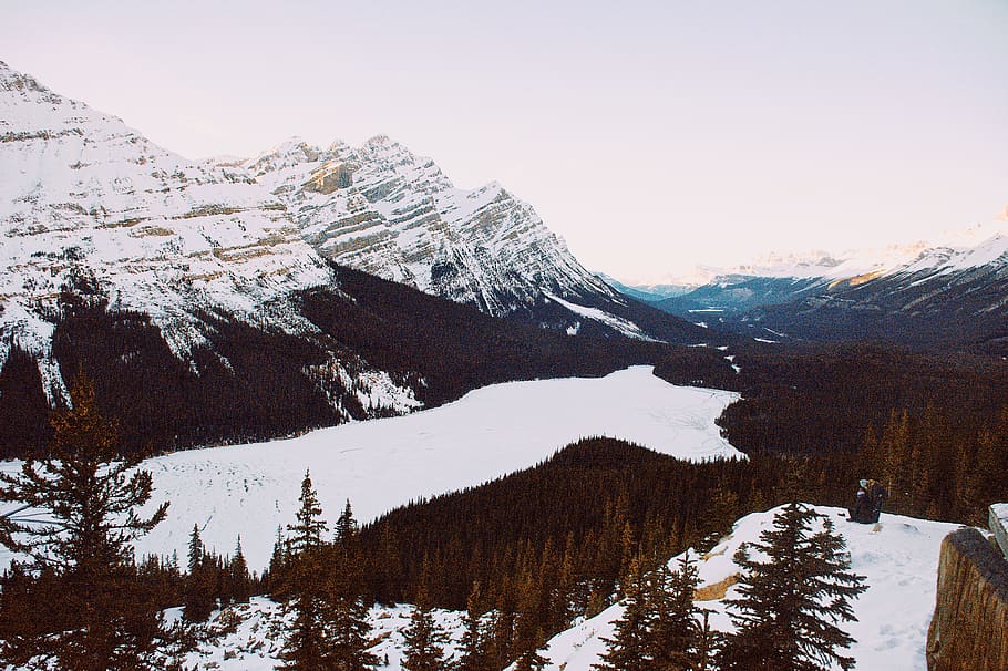 snow covered mountains under grey clouds, outdoors, nature, tree HD wallpaper