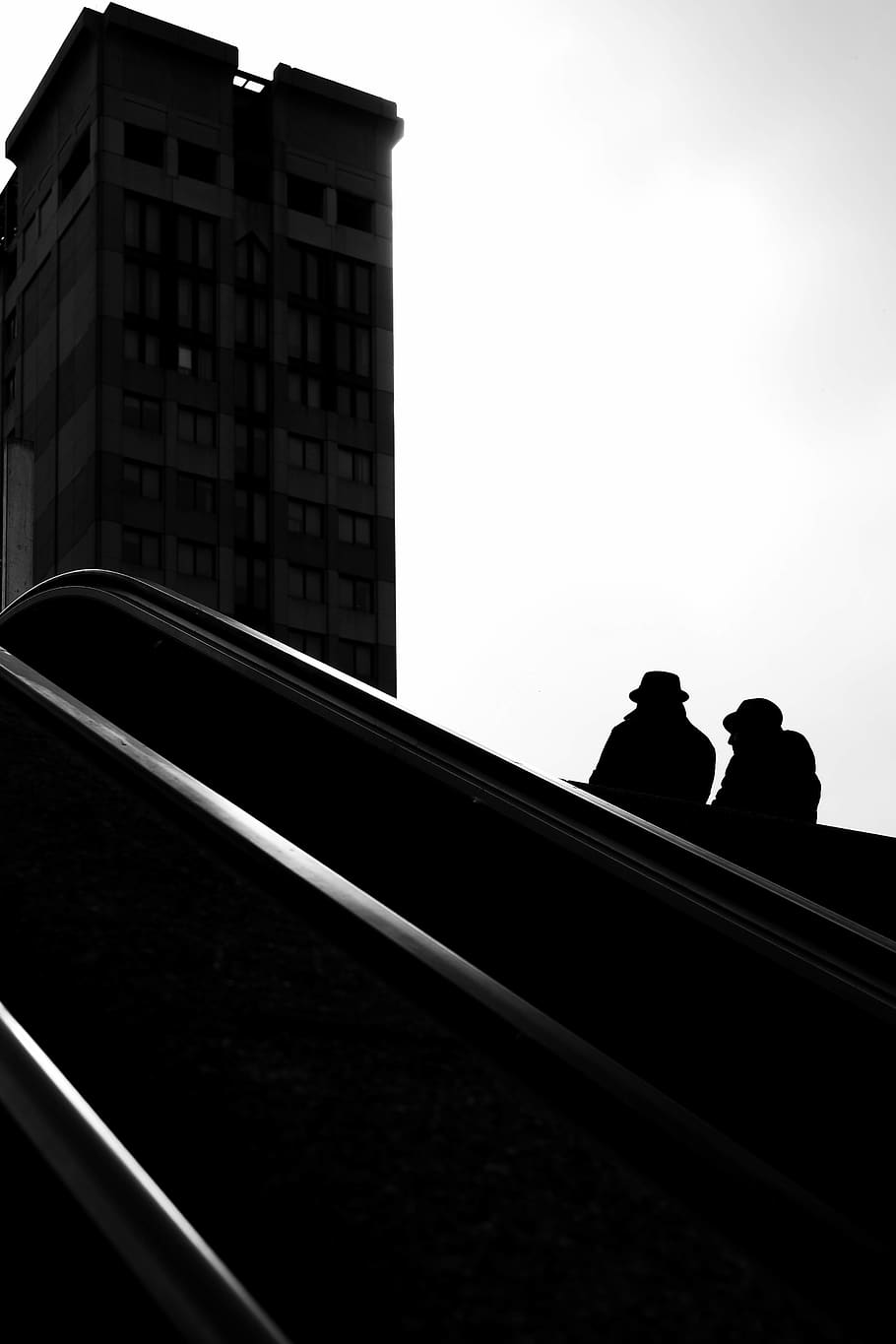 two people riding escalator, architecture, built structure, building exterior HD wallpaper