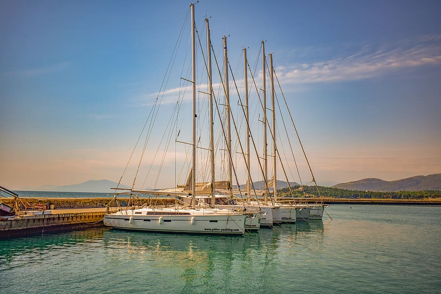 sailboat, yacht, port, harbour, sea, dock, town, morning, volos, HD wallpaper