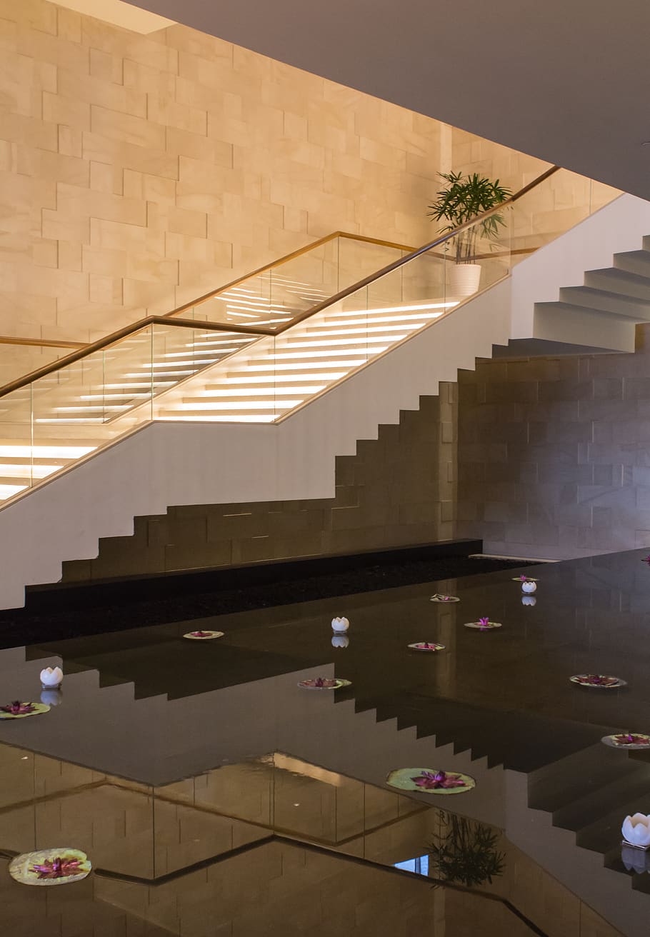 architecture, stairs, reflection, reflections, water, hotel HD wallpaper