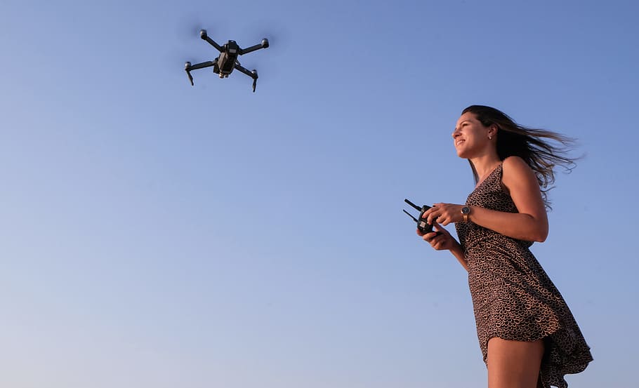 Woman Playing Drone, action, adult, air, aviate, controller, daylight, HD wallpaper