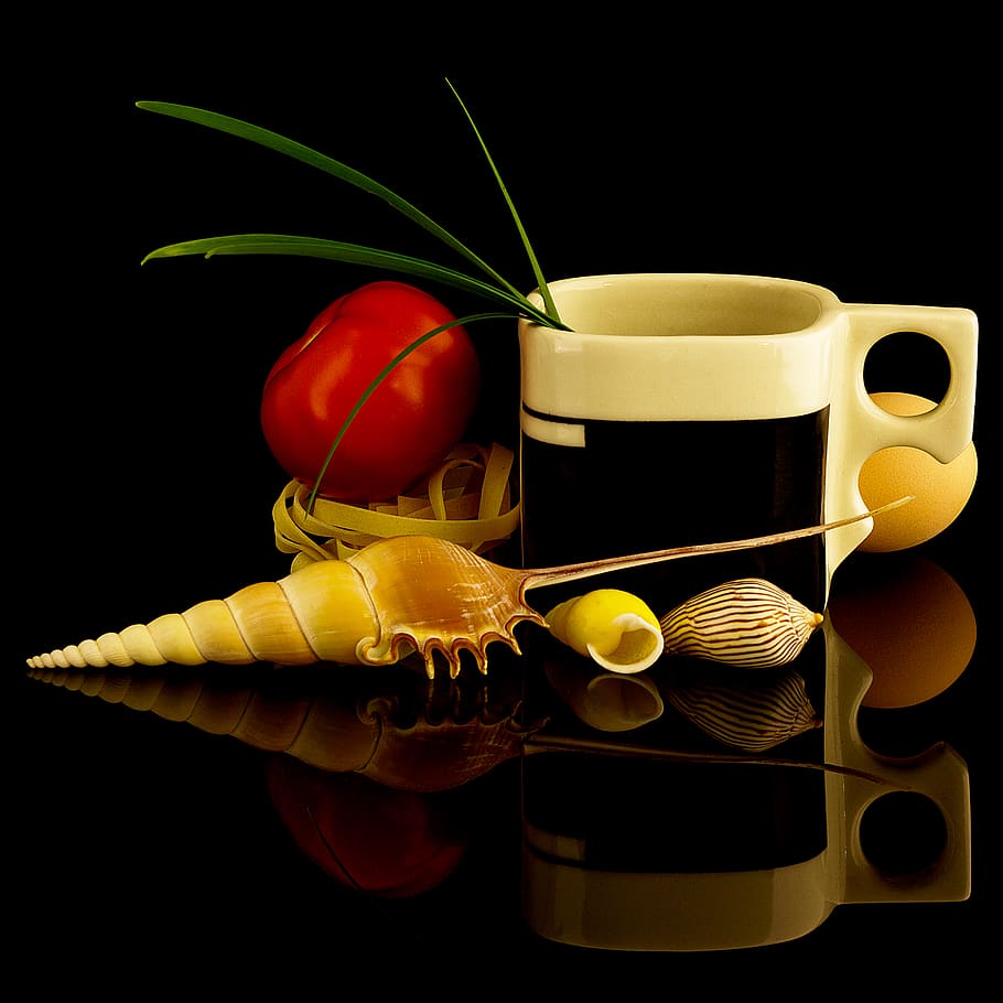 mug, coffee, pottery, clay, porcelain, pepper, egg, shell, seashell HD wallpaper