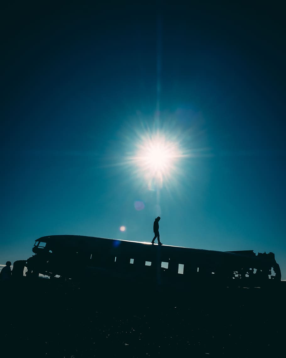 iceland, dc3 wreck, sky, silhouette, nature, sun, real people HD wallpaper