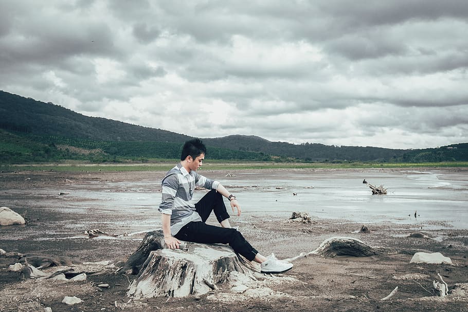 Man Sitting on Tree Stump Near Body of Water, cloudy, daytime HD wallpaper