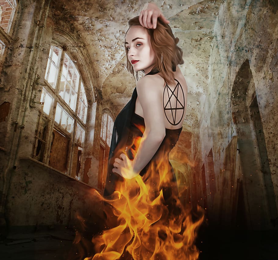 fantasy, gothic, dark, evil, burn, fire, female, woman, girl HD wallpaper