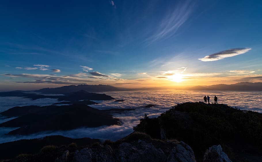 Photo of People Standing on Mountain, clouds, dawn, hike, hikers HD wallpaper