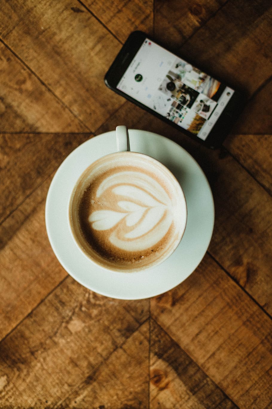 cappuccino on saucer beside iPhone, coffee, coffee time, explore HD wallpaper