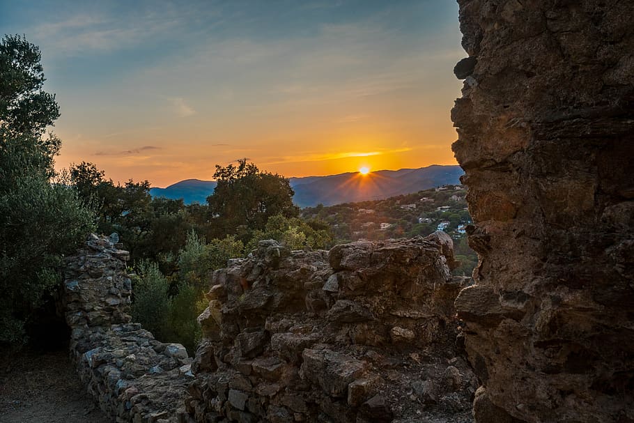 sunset, mood, castle, sky, dusk, abendstimmung, evening, landscape HD wallpaper