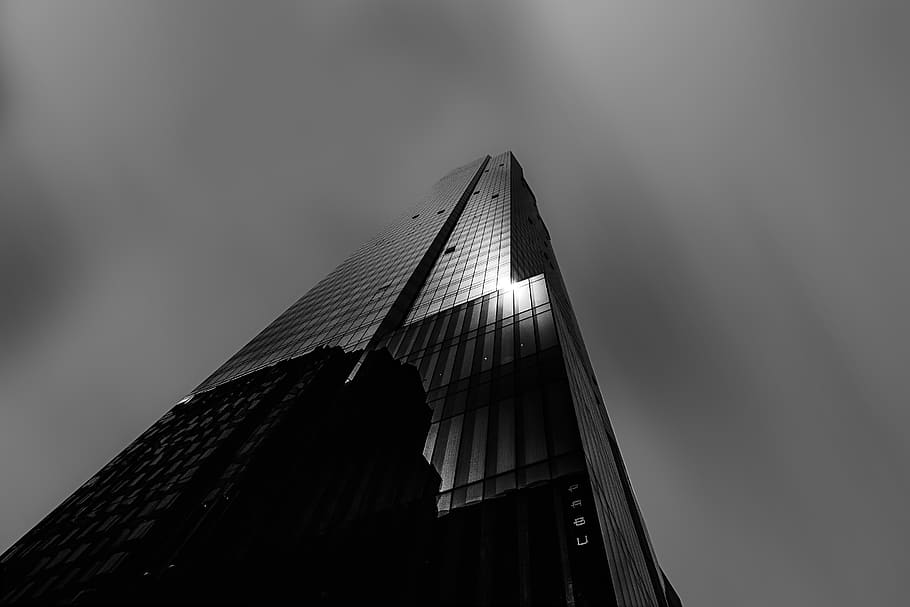building, looking up, black and white, clouds, architecture HD wallpaper