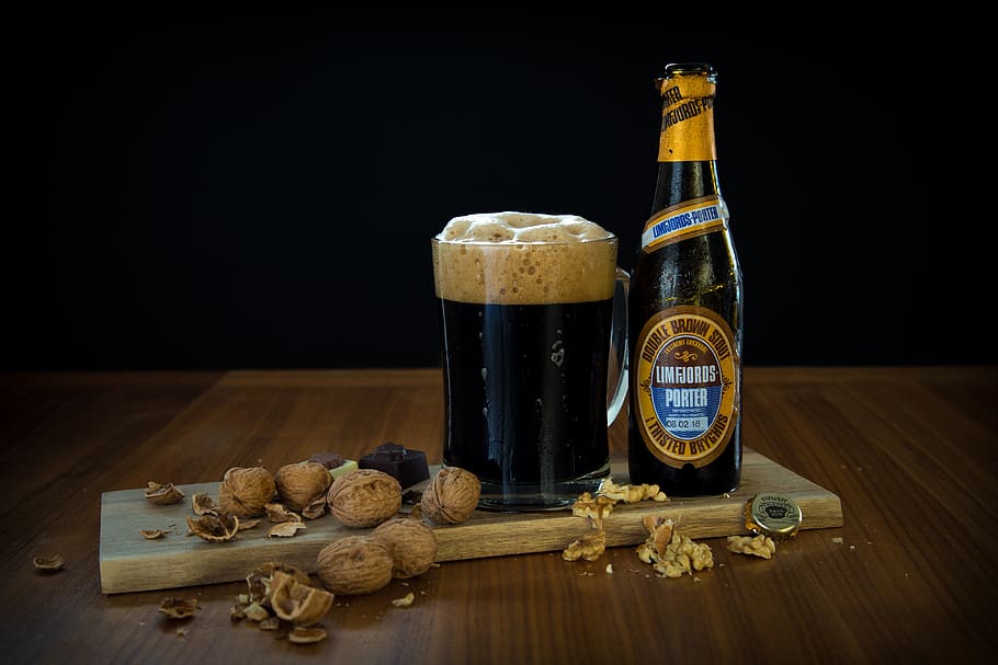 beer, nuts, foam, chocolate, dark, delicious, thirsty, refreshment HD wallpaper