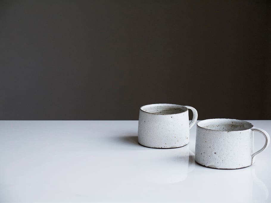 two white ceramic mugs, copy space, still life, indoors, no people HD wallpaper