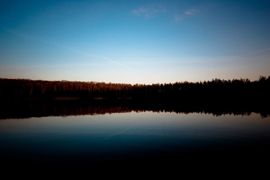 lake, water, reflection, nature, sunset, dusk, trees, forest HD wallpaper