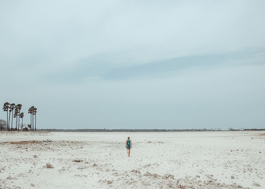 person walking on white sand field, sea, coast, beach, water, HD wallpaper