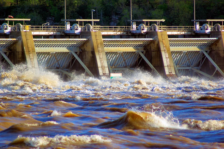 dardanelle dam during flood, flooding, arkansas, river, waves, HD wallpaper