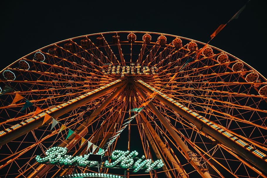 lighted ferris wheel during daytime, amusement park, theme park HD wallpaper
