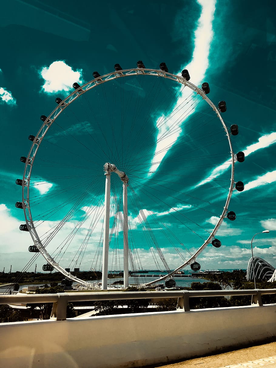 Ferris Wheel Beside the Sea, bridge, city, clouds, color, daylight HD wallpaper