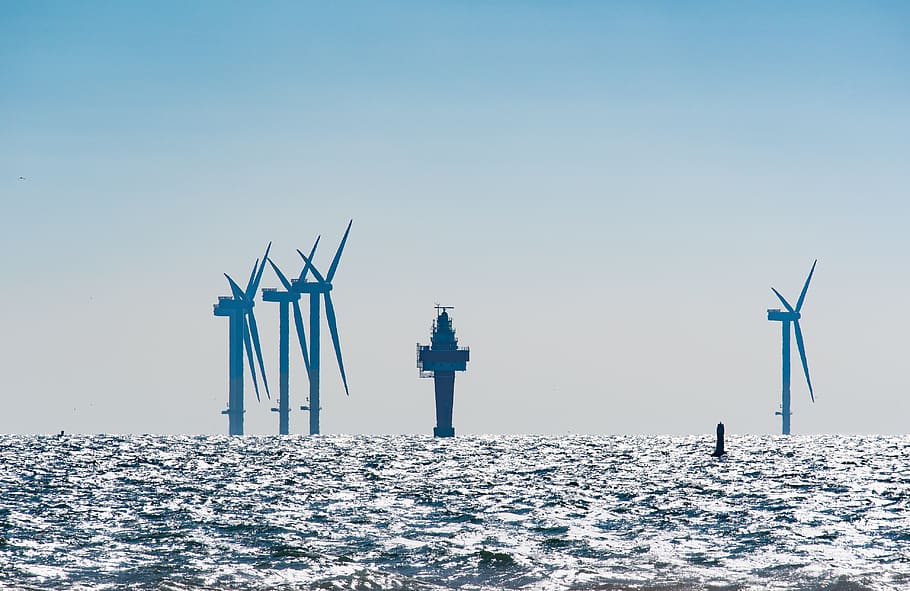 sea, offshore, water, sky, environment, wind, wind turbine HD wallpaper