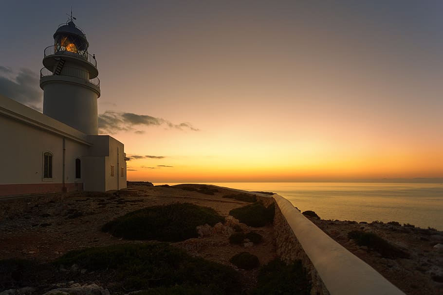 lighthouse, sunset, dawn, dusk, sky, lake, sea, afterglow, abendstimmung HD wallpaper