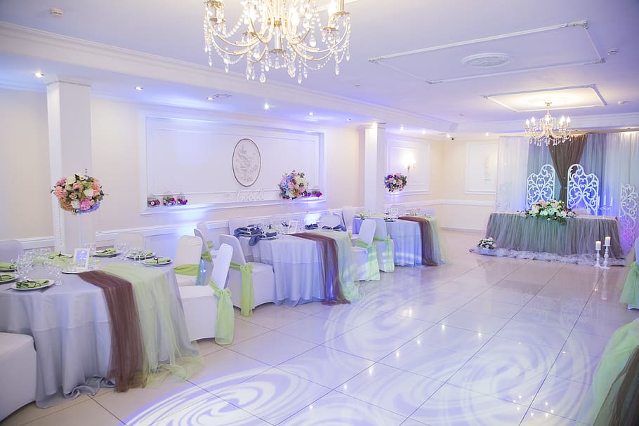 hall, banquet, wedding, interior, room, building, chandeliers, HD wallpaper