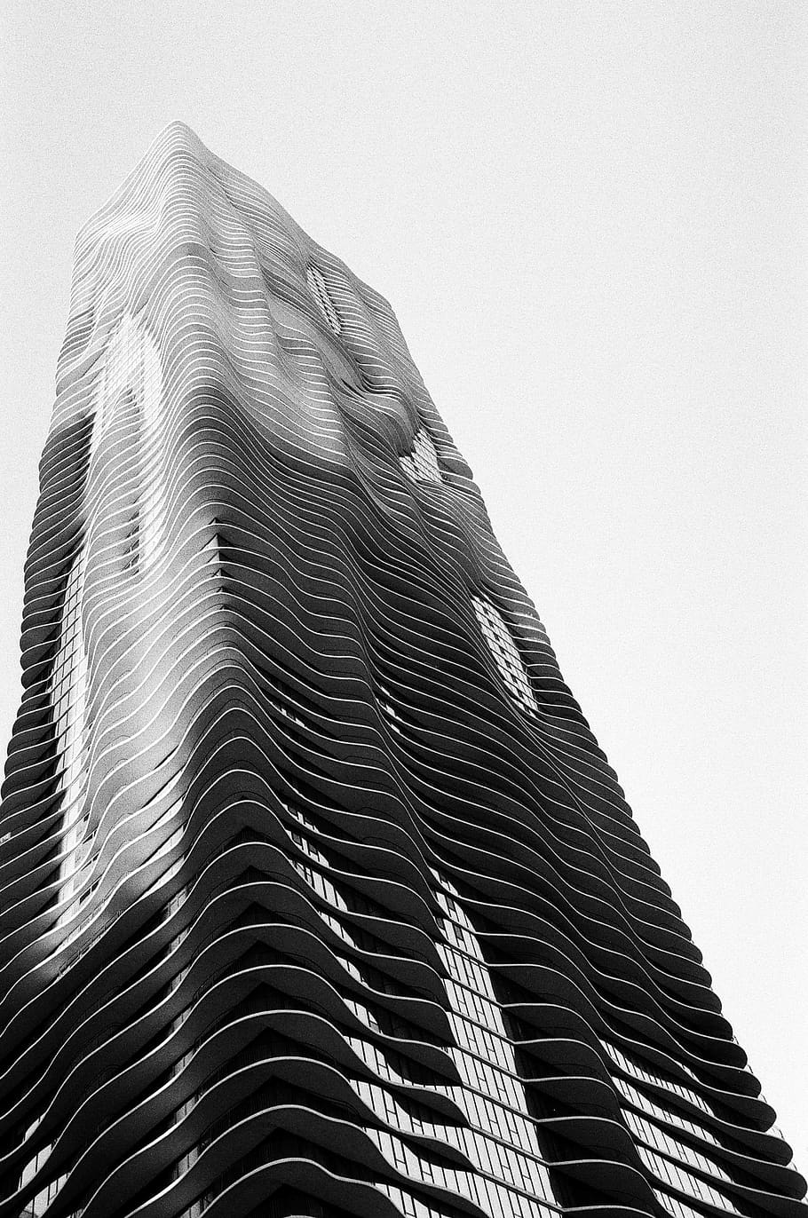 chicago, united states, architecture, black and white, aqua tower, HD wallpaper