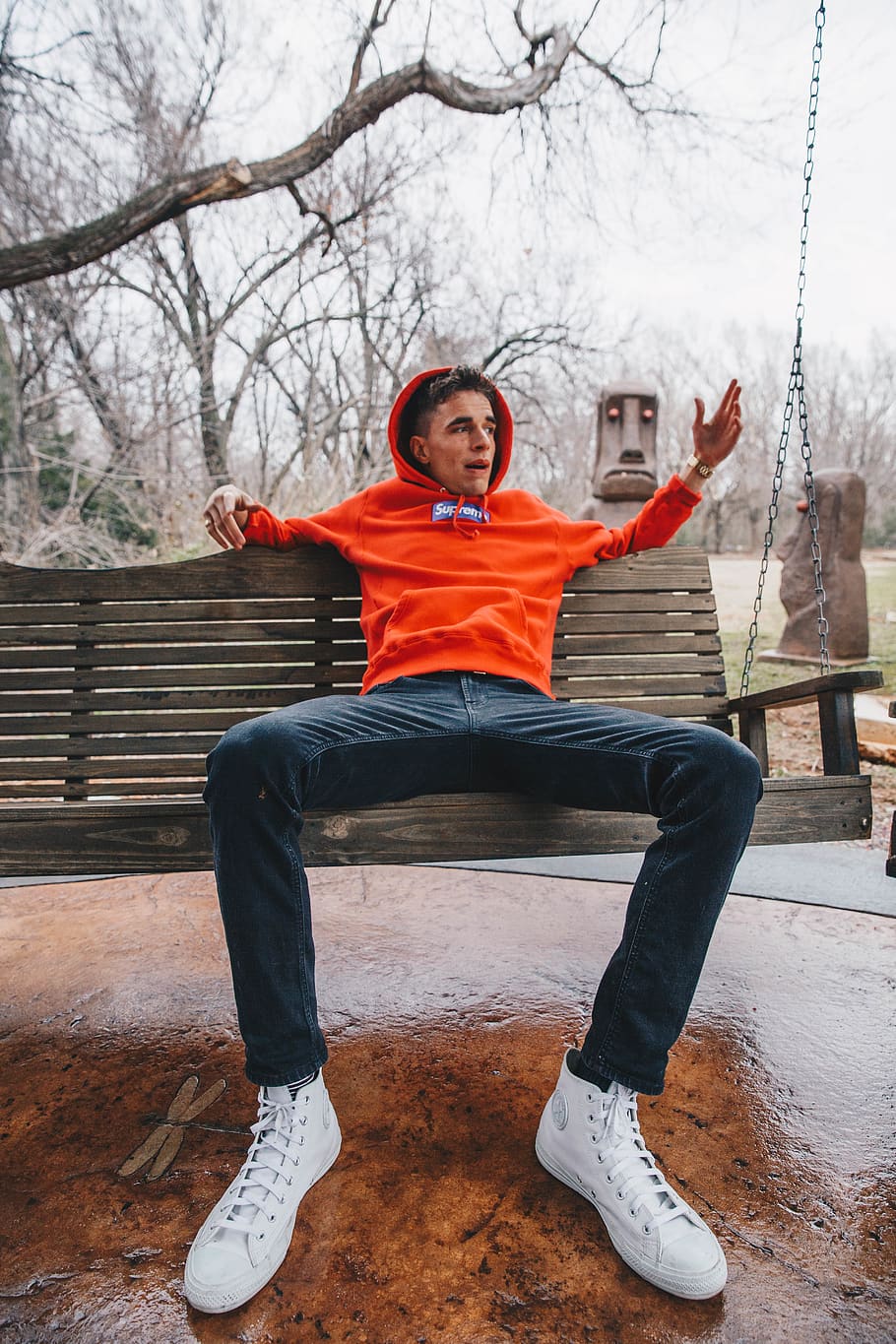 man sitting on swing bench, full length, real people, one person HD wallpaper