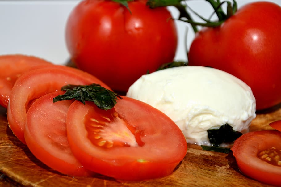 tomatoes, basil, vegetables, raw, salad, mozarella, cheese HD wallpaper