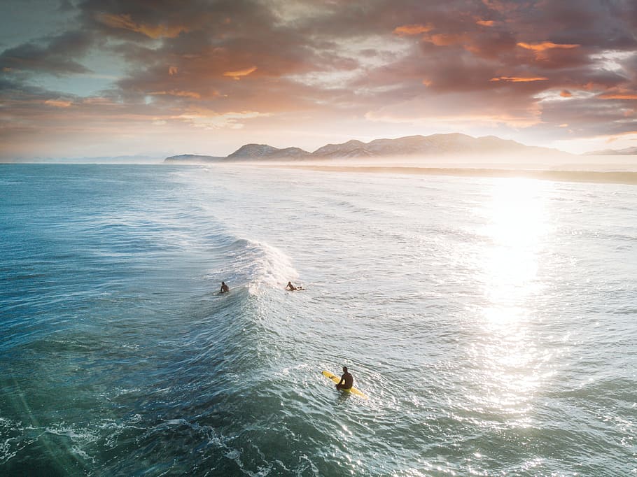 View of Three People Surfing, activity, beach, dawn, golden sunset HD wallpaper
