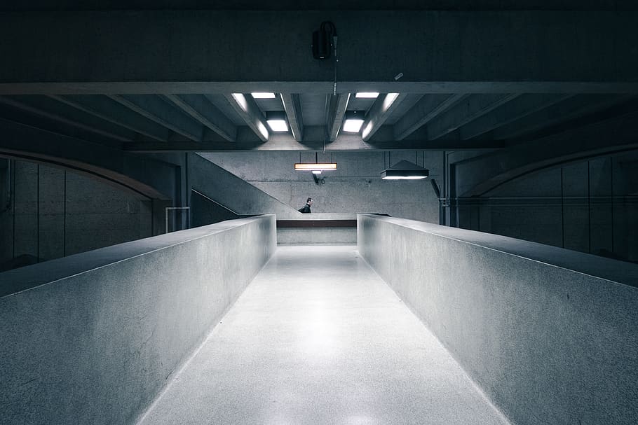 gray concrete hallway, architecture, built structure, illuminated, HD wallpaper