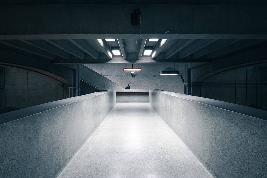 gray concrete hallway, architecture, built structure, illuminated HD wallpaper