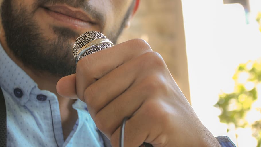 Close-up Photo of Man Holding Microphone, audio, beard, blur HD wallpaper