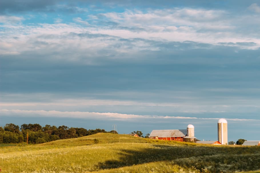 Red and White Barn on Hill Near Trees, farm, cloud - sky, plant HD wallpaper