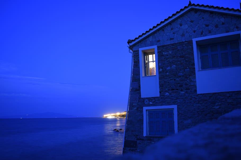 greece, mytilene, illuminated, blue, sky, architecture, built structure HD wallpaper