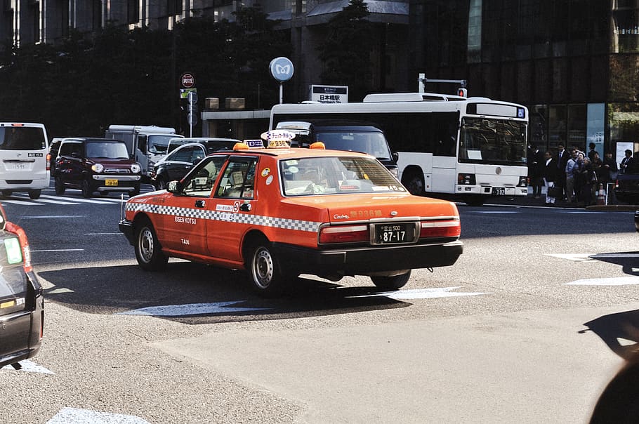 orange sedan, transportation, mode of transportation, city, street HD wallpaper
