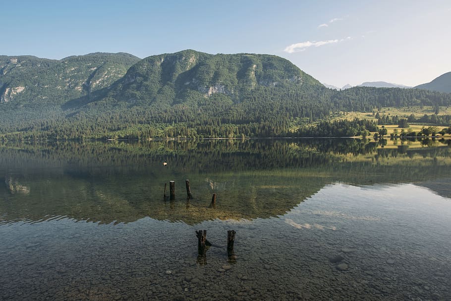 nature, landscape, mountain, clouds, sky, green, reflection HD wallpaper