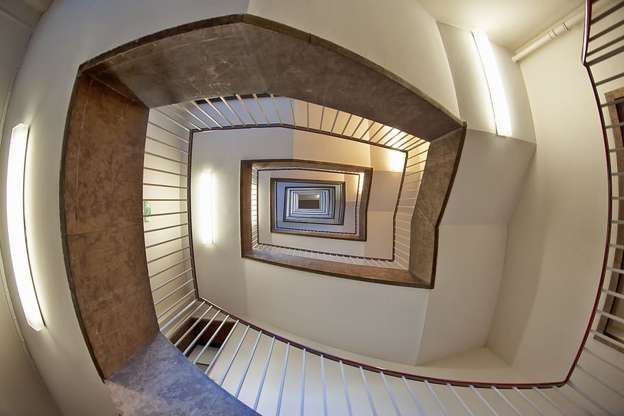 Low Angle Photo of Brown and White Spiral Stairs Building, architecture HD wallpaper