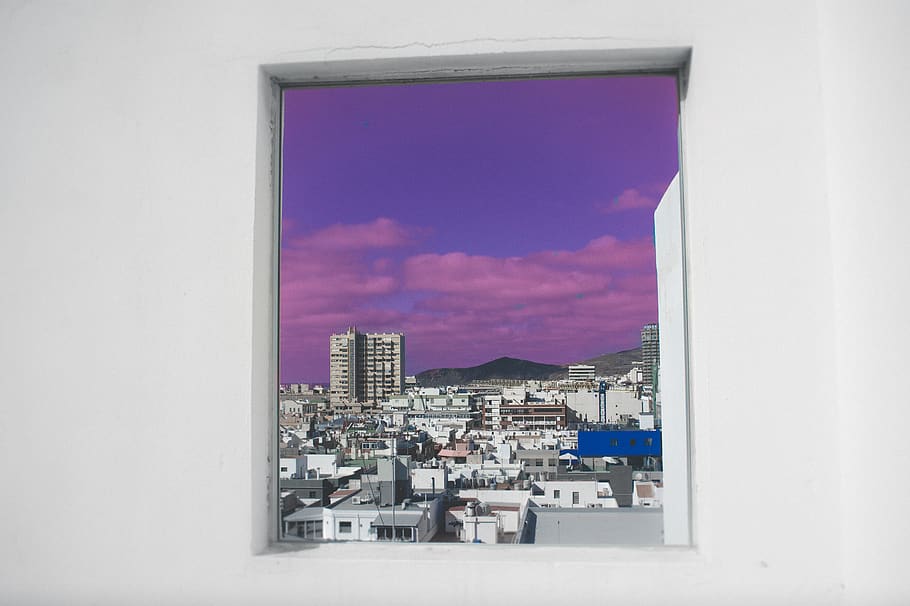 wall, window, white, blue, purple, city, summer, laspalmas HD wallpaper