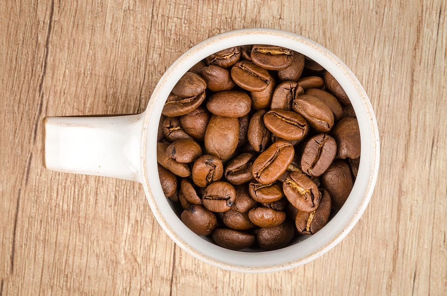 Roasted Coffee Beans Inside White Ceramic Mug, brown, caffeine