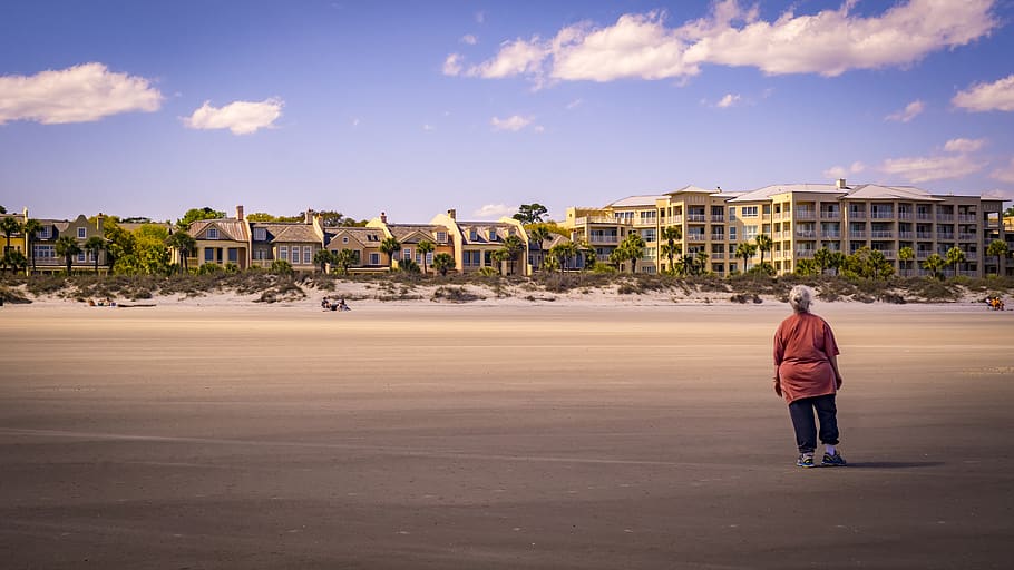 beach, wanderer, warm, color, landscape, abstract, building HD wallpaper