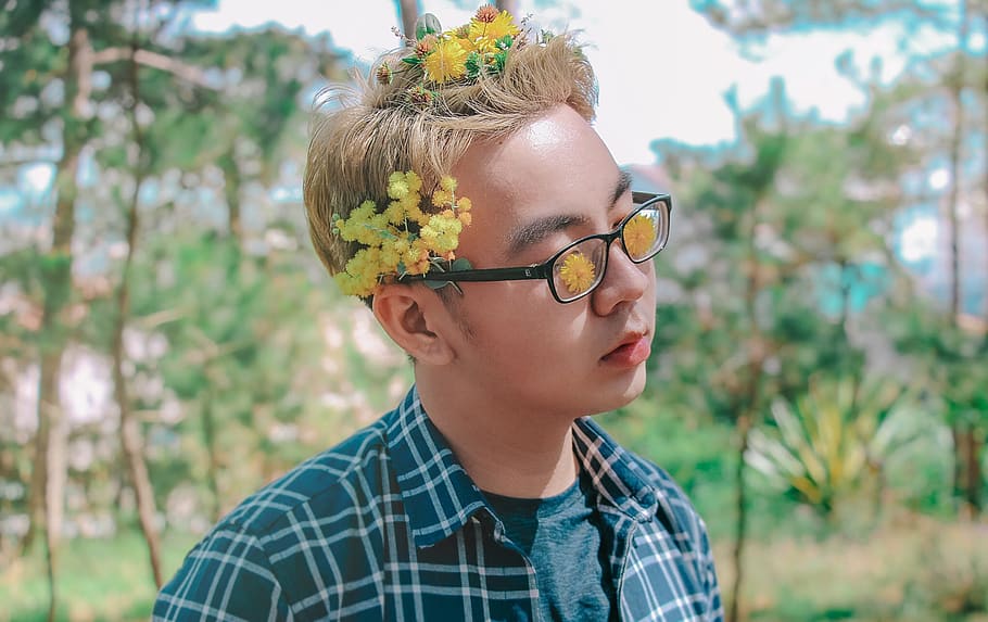 Photo of a Man with Flowers on His Hair, boy, eyewear, flora HD wallpaper