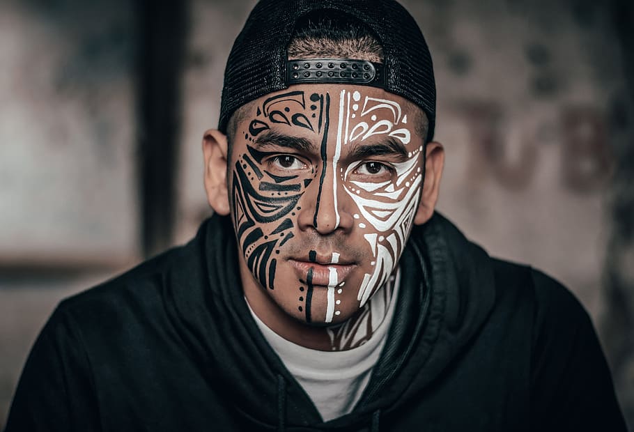 man with black and white face tattoo, tribal, eye, portrait, art, HD wallpaper