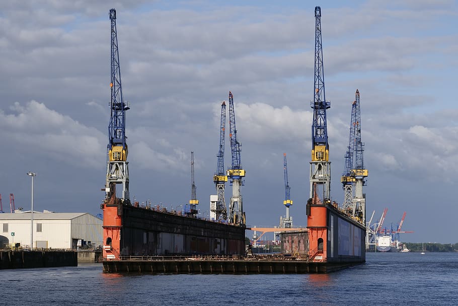 dock, repair, floating dock, shipyard, hamburg, cranes, dock cranes, HD wallpaper