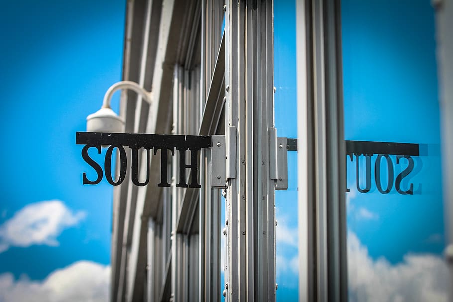 South Signage Mounted Beside Building Window, daylight, glass items HD wallpaper