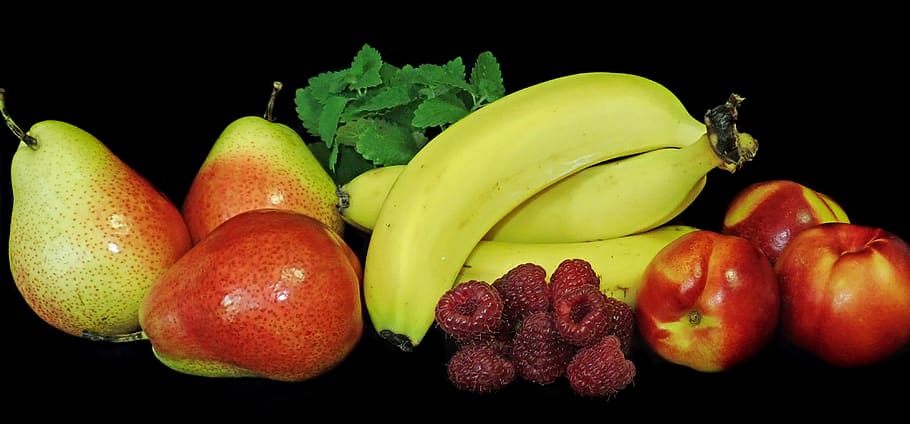 fruit, pears, bananas, berries, nectarines, food and drink HD wallpaper