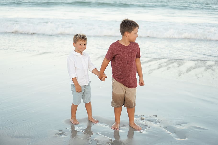 two boy's standing on beach sand, human, person, people, ocean, HD wallpaper