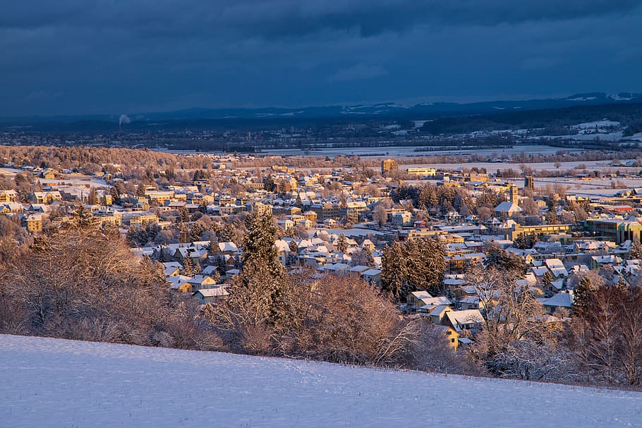 wintry, grenchen, illuminated, abendstimmung, mood, building HD wallpaper