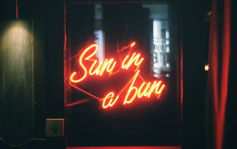 red neon light signage, night, yellow, sun in a bun, restaurant