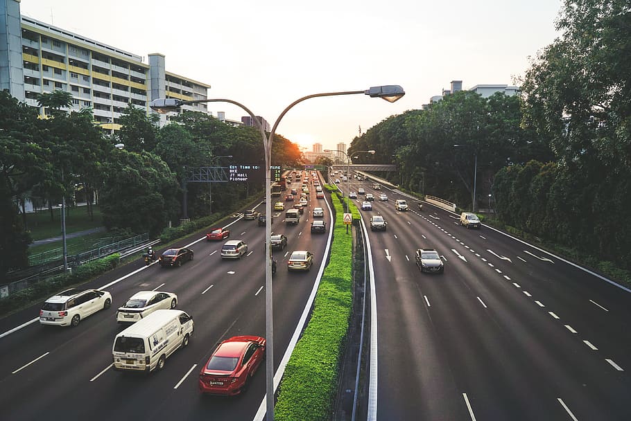 vehicles running on road, car, automobile, transportation, highway, HD wallpaper